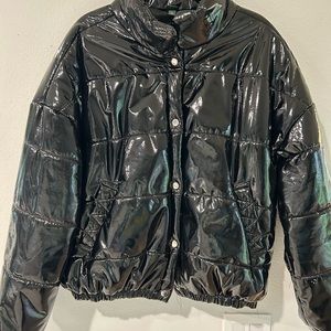 Black, puffy, patent, leather, shiny with snaps coat